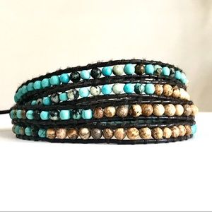Turquoise & Wood Leather Wrap Bracelet